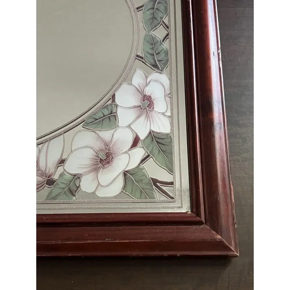 Vtg Romantic Etched Floral Flower Magnolia Oval Mirror Wood Frame Granny Retro